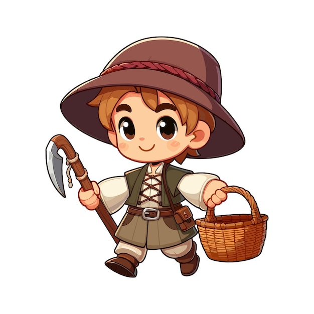 Vector cartoon boy with baskets in traditional costume