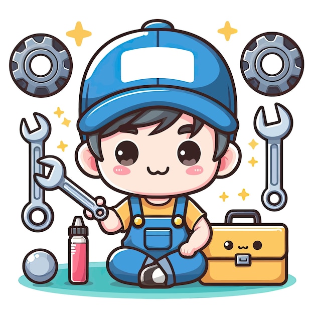 a cartoon of a boy with a blue hat and a tool and a toolbox