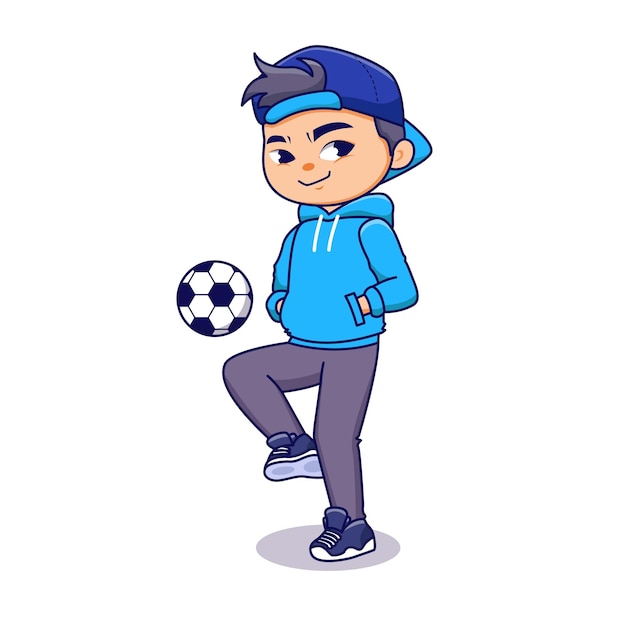 Cartoon boy with blue jacket and hat playing football in casual style character flat illustration