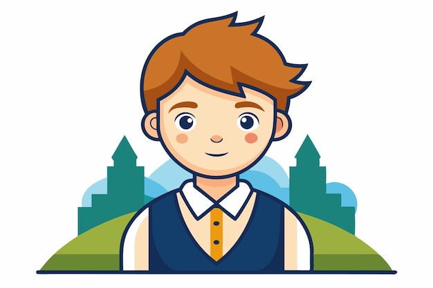 Vector cartoon boy with brown hair and blue vest in front of green towers