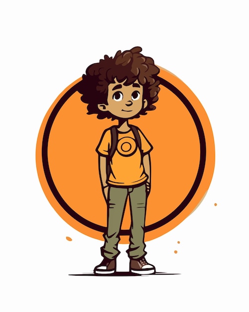 Vector cartoon boy with curly hair and a yellow shirt with the word boy on it.