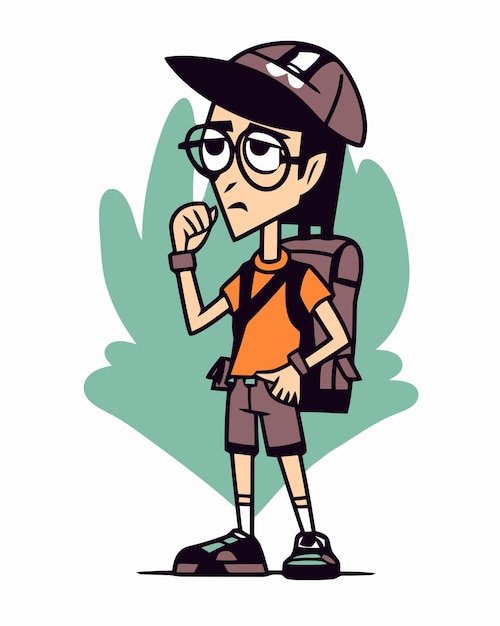 A cartoon of a boy with glasses and a backpack.