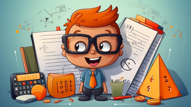 Vector a cartoon of a boy with glasses and a paper with the word g on it