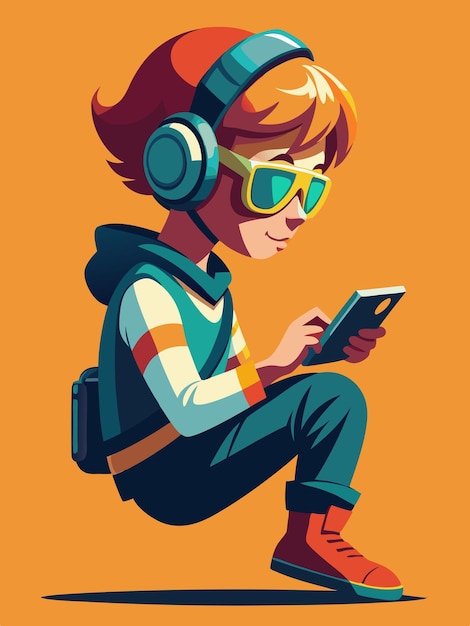 a cartoon of a boy with headphones on and a cell phone