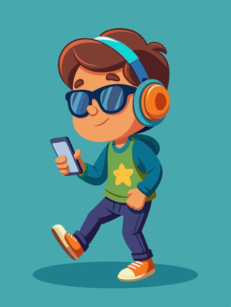 Vector a cartoon of a boy with headphones and a cell phone