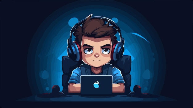 a cartoon of a boy with headphones and a laptop