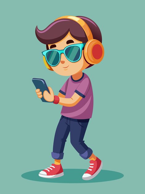 a cartoon of a boy with headphones on and a phone