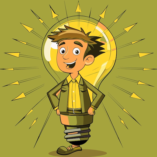 Vector a cartoon of a boy with a light bulb and a light bulb