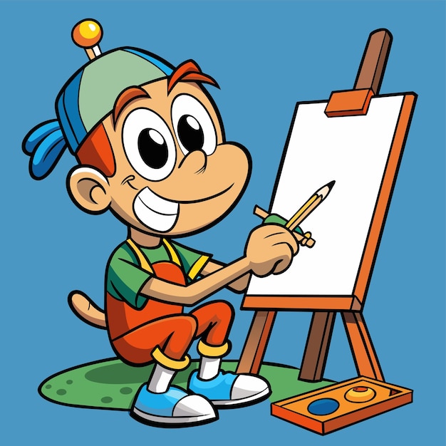 Vector a cartoon boy with a pencil drawing on a blue background