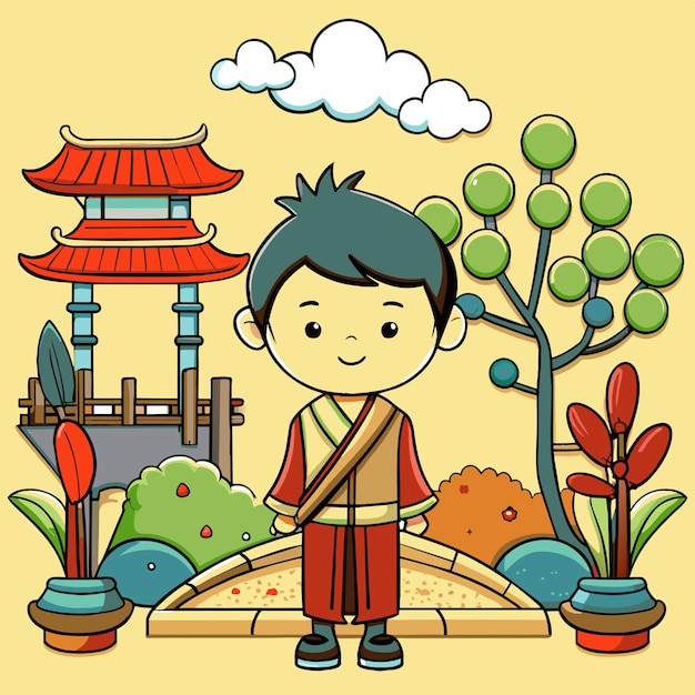 Vector a cartoon of a boy with a sword in his hand and a pagoda in the background