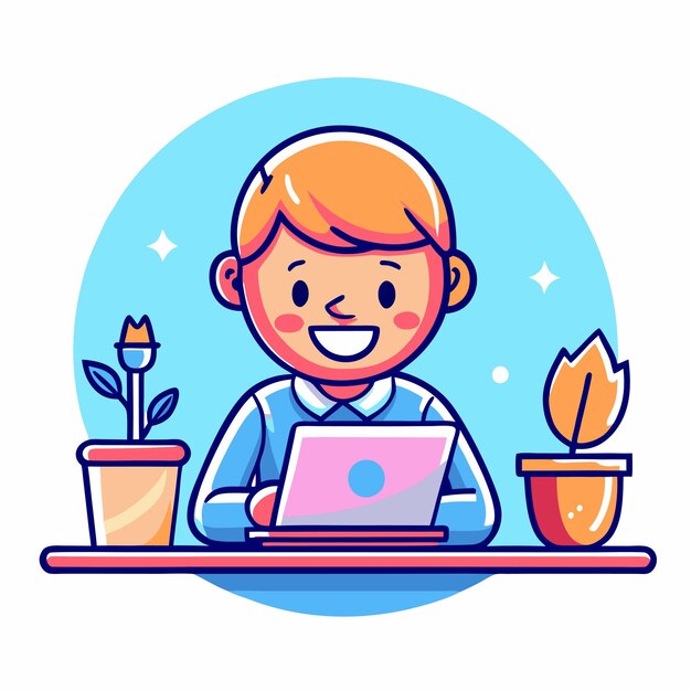 Vector a cartoon of a boy working on a laptop with a flower in the background