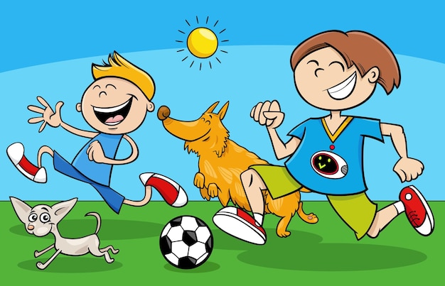 Cartoon boys characters playing ball with their dogs