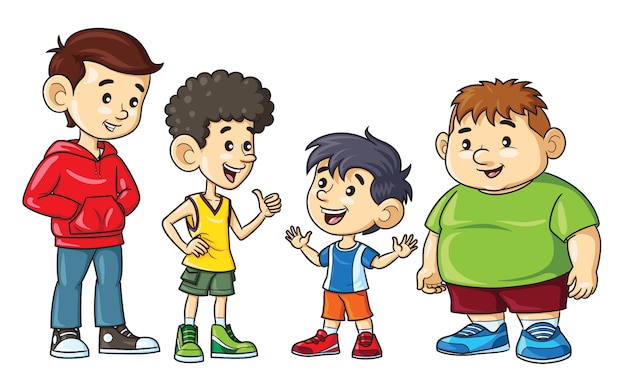 Cartoon boys fat, skinny, tall, and short.