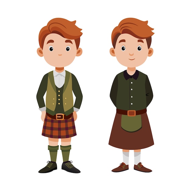 Vector cartoon boys in traditional scottish outfits on white background