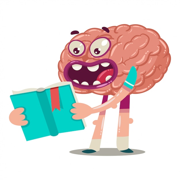 Cartoon brain is reading a book. Vector character of an internal organ isolated