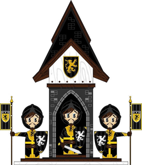 Cartoon Brave Medieval Knights with Banner Flags at Tower Guardhouse History Illustration