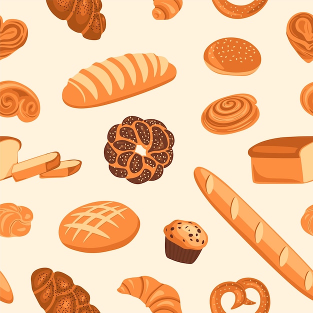 Cartoon bread pattern Seamless print with wheat bread pretzel loaf croissant donut pancakes cinnamon roll French baguette Vector texture