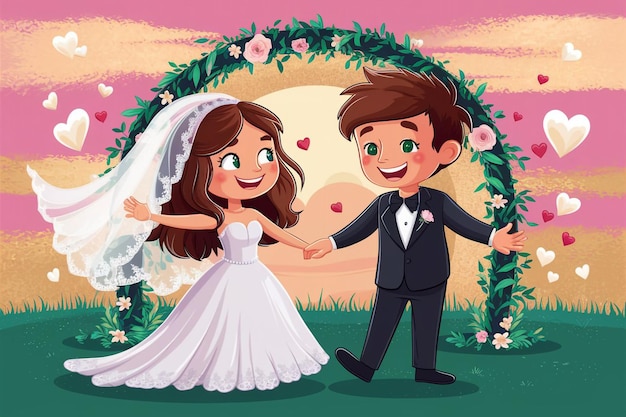 a cartoon of a bride and groom holding hands