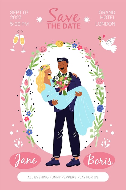 Cartoon bride and groom poster Wedding invitation Smiling couple Husband holds wife in arms Beautiful flowers arch Romantic newlyweds hugs Marriage ceremony Garish vector concept