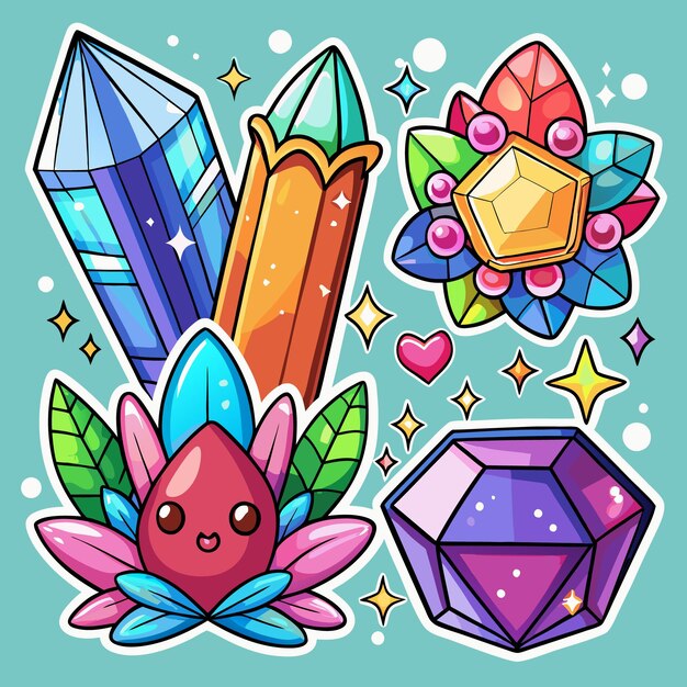 Cartoon bright colored crystals and gems with happy flower