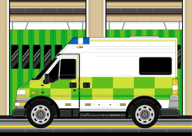 Cartoon British Ambulance Outside the Hospital Illustration