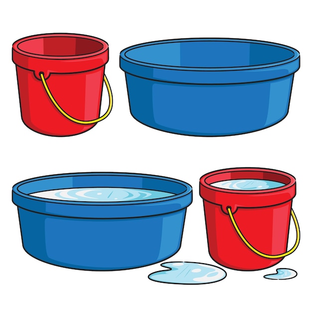 Cartoon bucket and tub of water. Empty and filled.