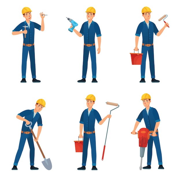 Cartoon builder characters worker foreman and painter Builder cartoon worker industry engineer employee character foreman illustration