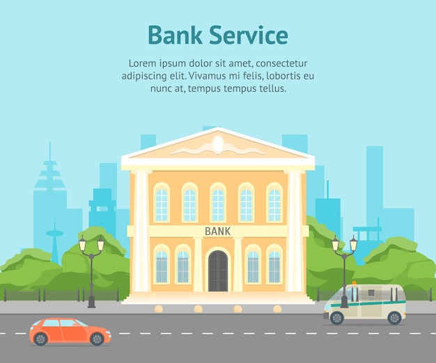 Cartoon Building Bank on a City Landscape Background Card Poster Vector