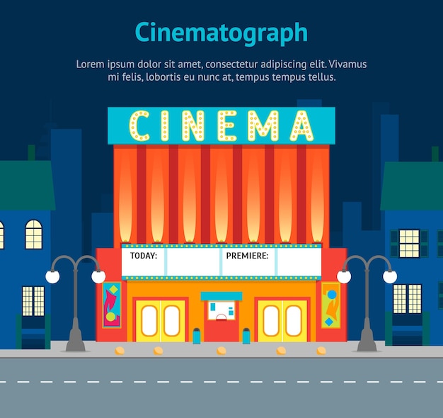 Cartoon Building Cinema on a City Landscape Background Card Poster Vector