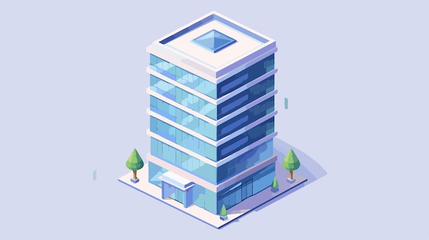 a cartoon of a building with a blue background and a green tree