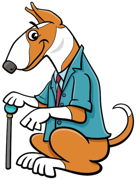 Cartoon bull terrier purebred dog in a suit with a cane