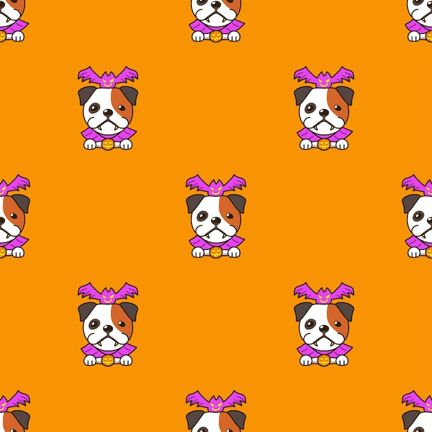 Cartoon bulldog with halloween costume seamless pattern background