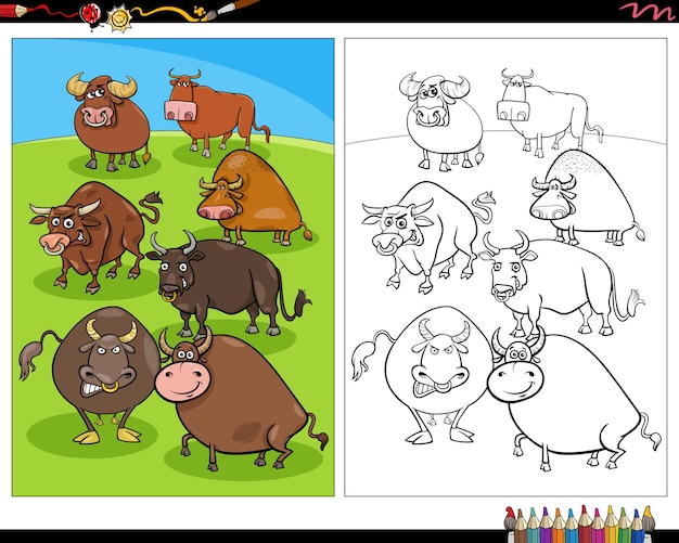 Cartoon bulls farm animal characters coloring page