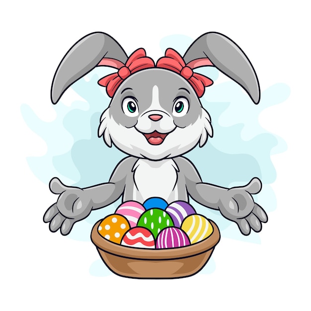 Cartoon bunny showing a basket of easter eggs