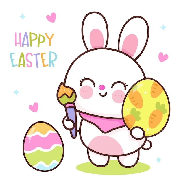 A cartoon bunny with a pink bow holds a paintbrush and paints a easter egg