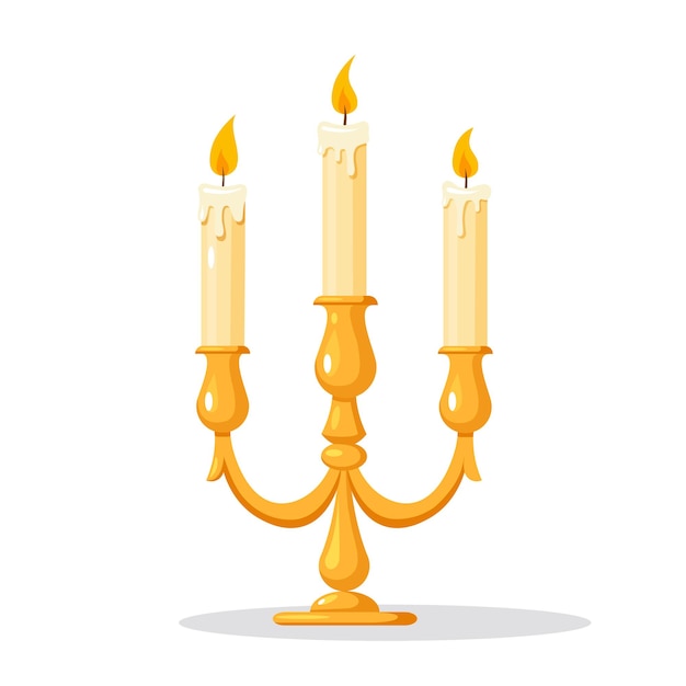 Cartoon burning candles in vintage metallic candlestick