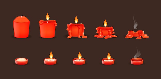 Cartoon burning wax candles on the different stages of burning