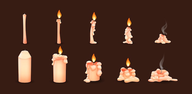 Cartoon burning wax candles on the different stages of burning