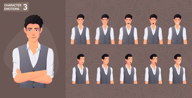 Cartoon Business Man Character Face Expressions and Emotions premium Vector