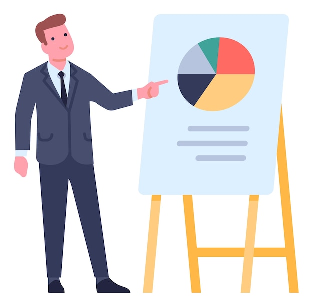 Cartoon businessman character pose Manager in formal suit Office worker presenting infographic on whiteboard Business presentation Statistics diagram Vector man showing charts