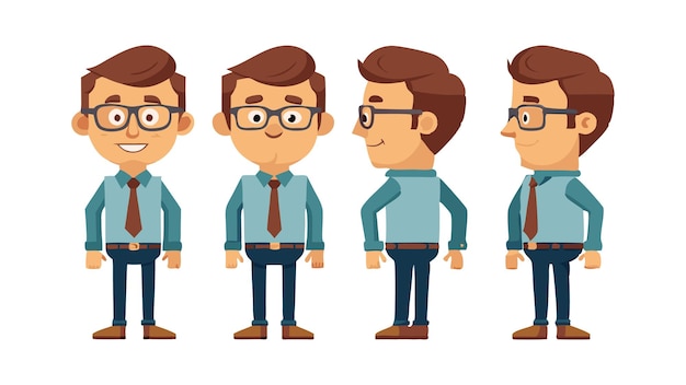 Vector cartoon businessman character in various poses with glasses and tie