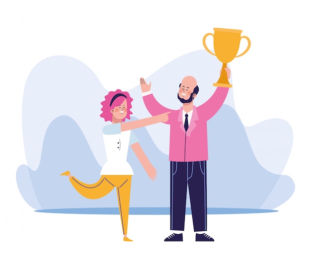 Cartoon businessman holding up a trophy cup and woman