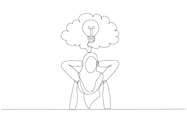 Cartoon of businessman sitting in office chair in front of a wall with cloud thought Single line art style