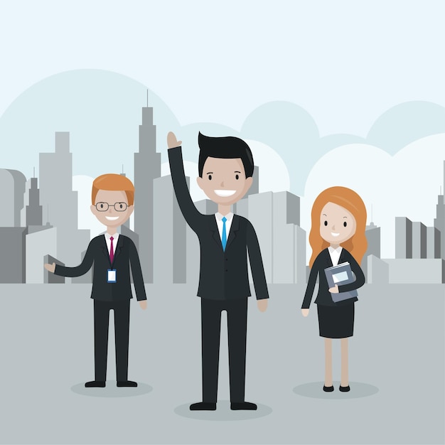 Cartoon businessman standing in front of the group raising his hand up recruitment leader and volunteer concepts