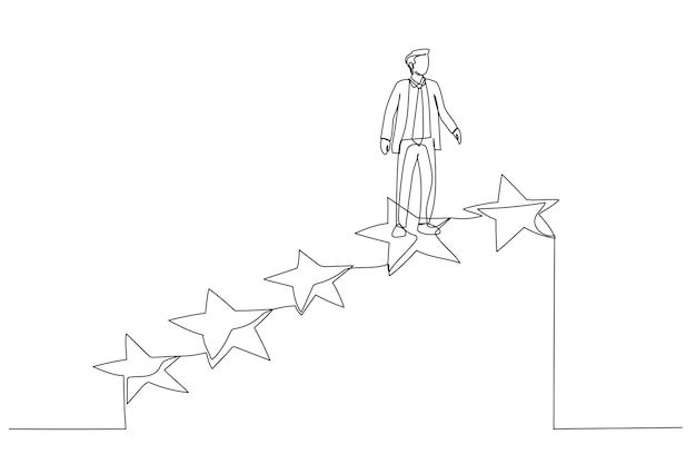 Vector cartoon of businessman steps towards success or outstanding employee positions one line art style