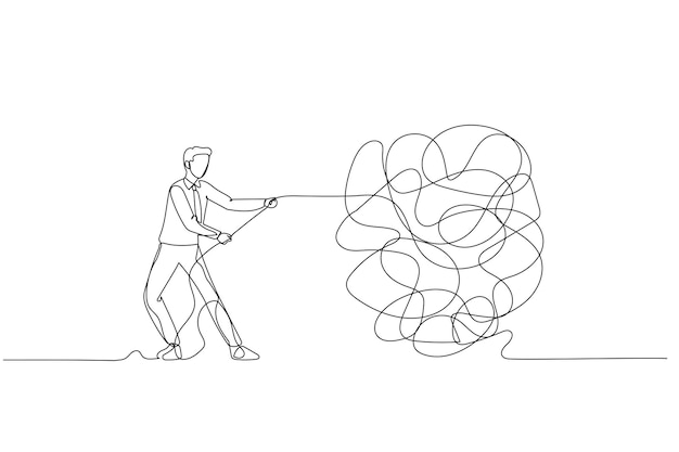 Vector cartoon of businessman try to unraveling tangled rope concept of solution and problem solving one line art style