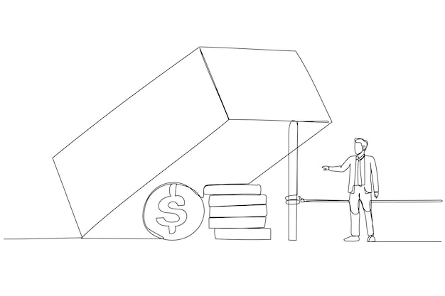 Cartoon of businessman trying to reach dollar profit in the trap metaphor of business risk Single line art style