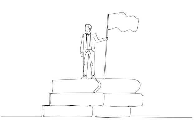 Cartoon of businessman with flag standing on book stack concept of success from knowledge One line art style