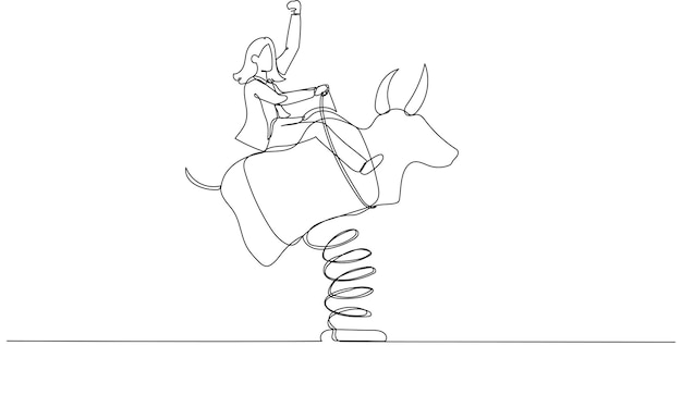 Cartoon of businesswoman investor riding and balance himself on rodeo bull concept of stock investor Single continuous line art style