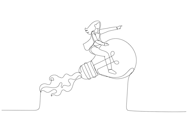 Cartoon of businesswoman leader riding flying bright lightbulb lamp with rocket booster in the cloud sky Creative new idea Single line art style